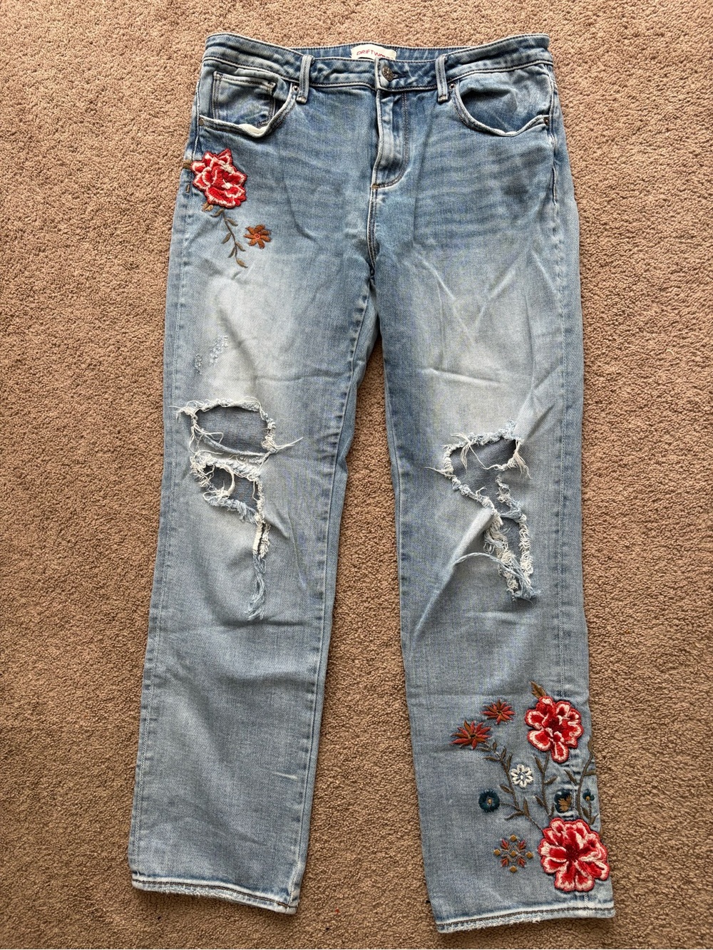 DRIFTWOOD Light Blue Straight Leg Jeans with Red Floral Embroidery